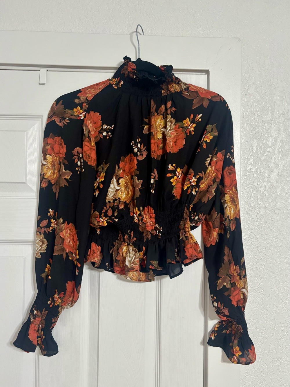 Shinestar Black Blouse with Orange and Gold Floral Print